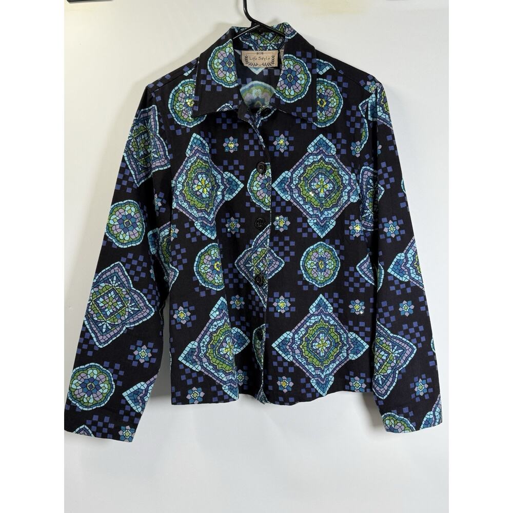 Vintage Mosaic Print Jacket-Shirt Sequin Detail Indie Boho Y2K Retro Artsy Sz M